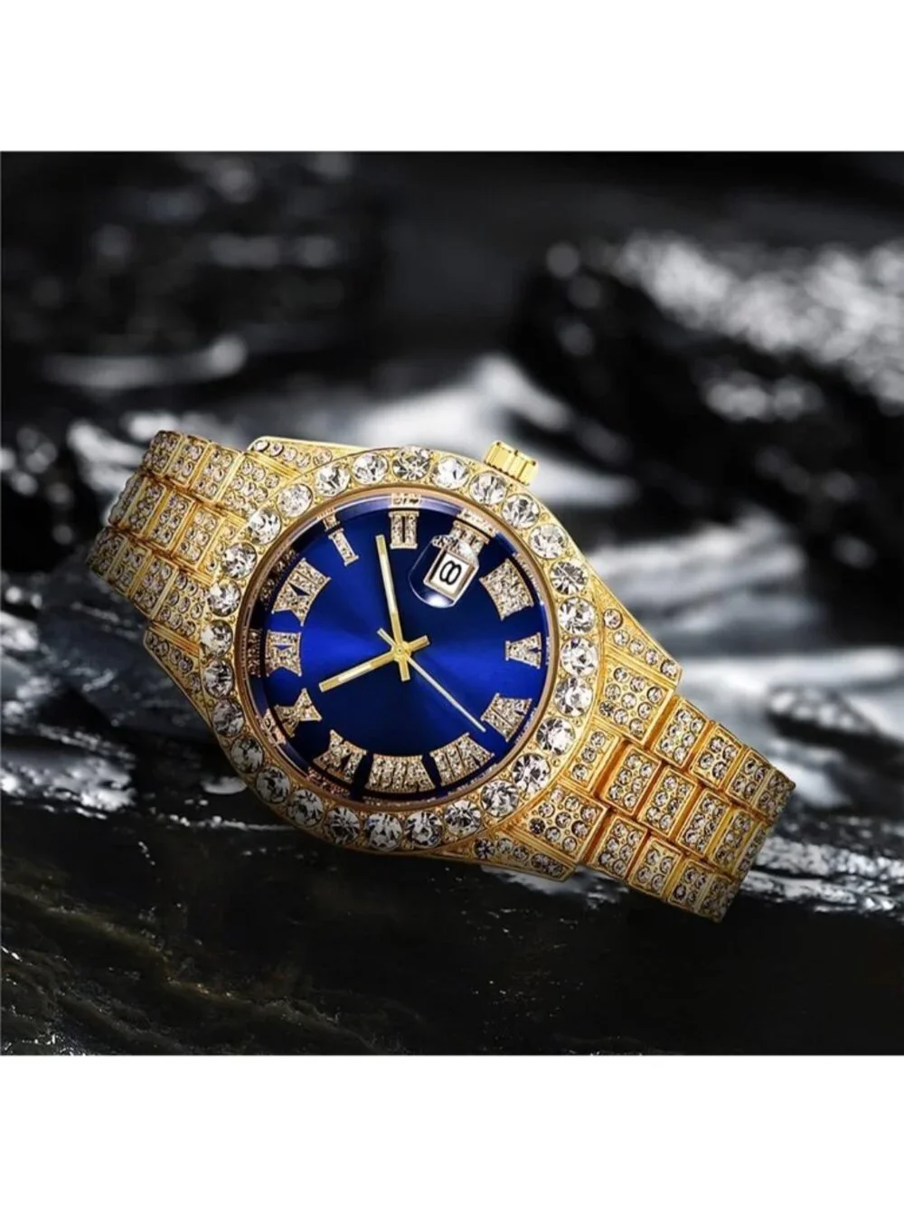Men's Gold Blue Analog Crystal Rhinestone Diamond Iced-Out Bracelet Wrist Watch